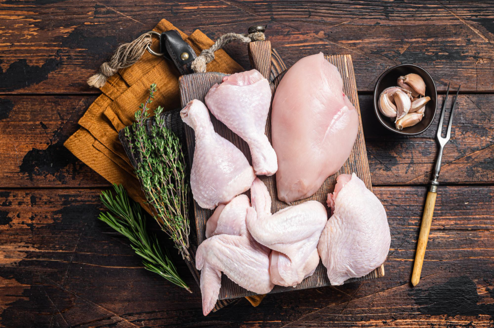 Assortment Chicken Portions Bbq Grilling Raw Parts Drumstick Breast Fillet Wings Thigh Wooden Background Top View