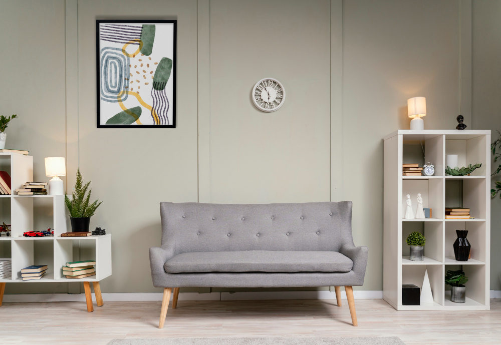 Interior Design With Photoframes Grey Couch