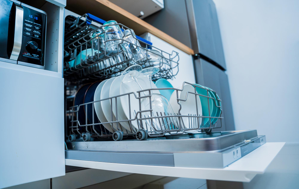 White Kitchen Opened Dishwasher With Clean Dishes