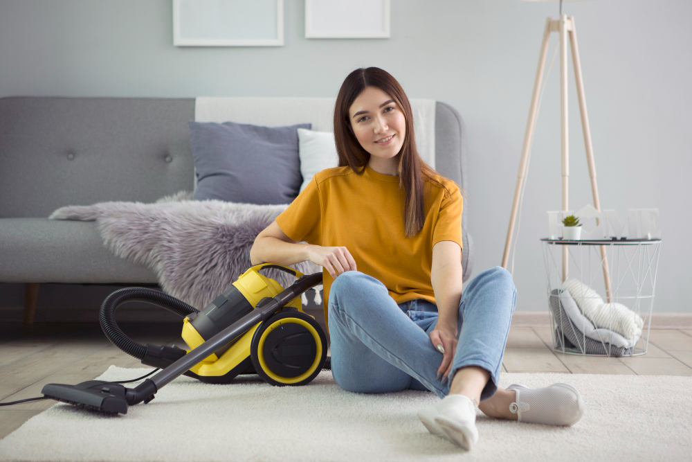 Beautiful Young Girl Good Mood Makes House Cleaning With Vacuum Cleaner