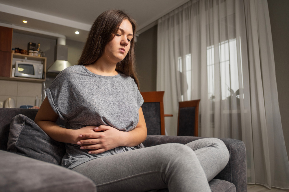 Young Woman Has Pain Right Hypochondrium Young Woman Has Stomachache Gallbladder Disease