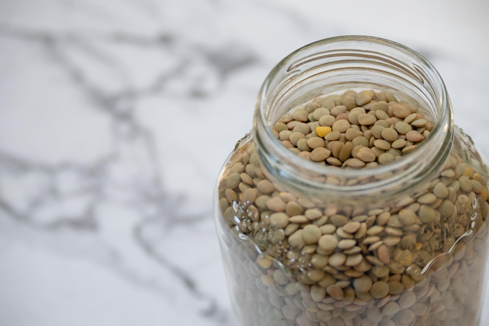 Close Up Glass Jar Full Lentils With Copy Space