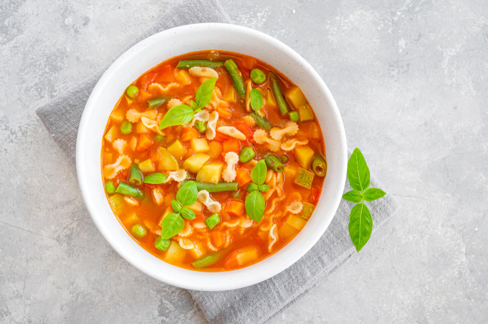 Minestrone Soup Fresh Vegetables Pasta Bowl Vegan Dish Copy Space