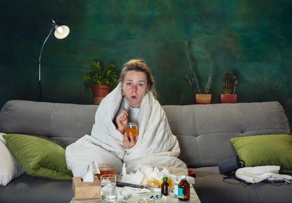 Need Medicine Ill Young Girl With Fever Cold Feeling Sick Blue Snuffling Looks Suffering Weak Covering With Wrap Cold Virus Seasonal Grippe Woman Sitting Sofa Home