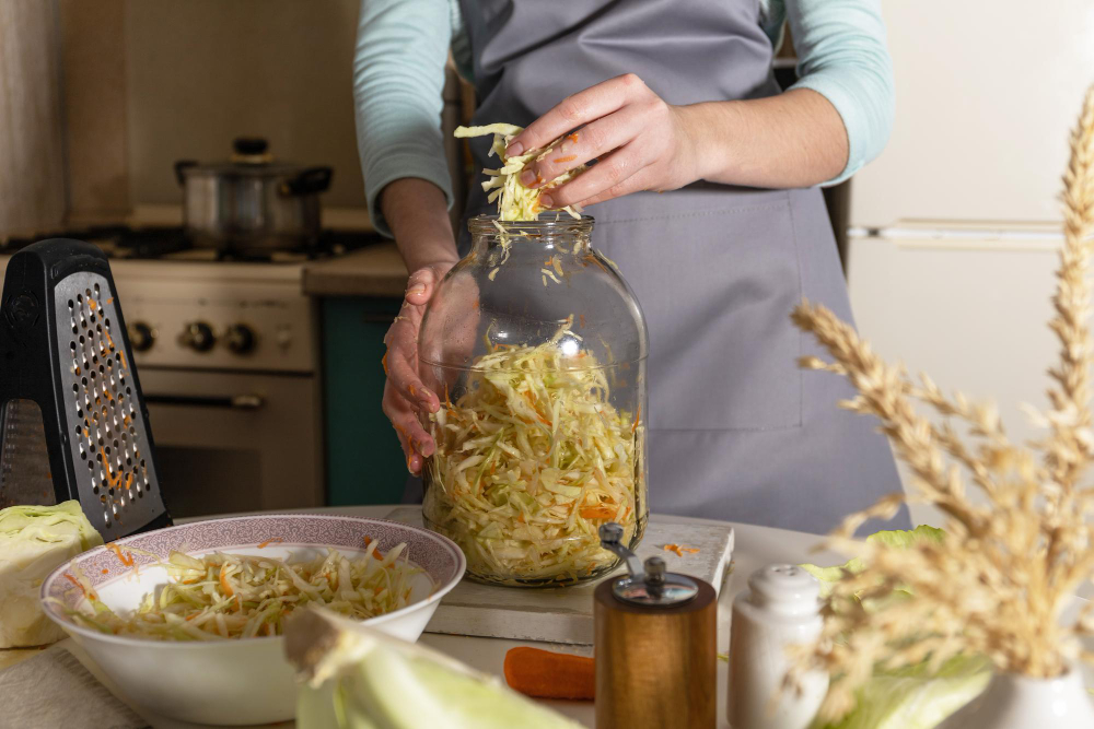 Sauerkraut Canning Young Woman Prepares Homemade Sauerkraut With Carrots Kitchen (1)