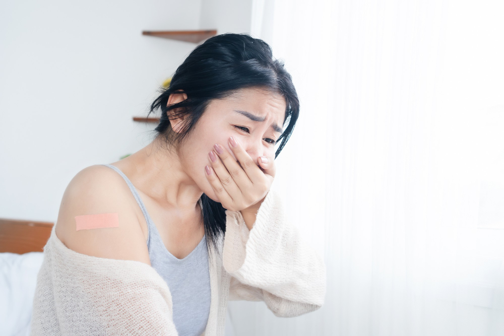 Asian Woman Feeling Nausea Vomiting After Receiving Vaccine Covid19
