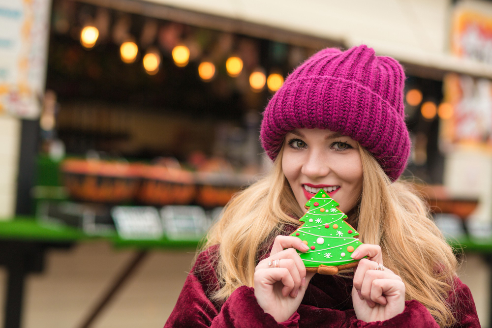 Adorable Blonde Girl Eating Delicious Christmas Gingerbread Cookie Street Kyiv