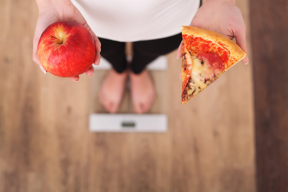Diet Woman Measuring Body Weight Weighing Scale Holding Pizza