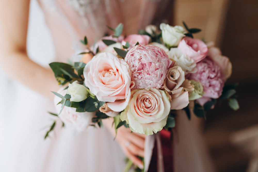 Brides Wedding Bouquet With Peonies Freesia Other Flowers Women S Hands Light Lilac Spring Color Morning Room