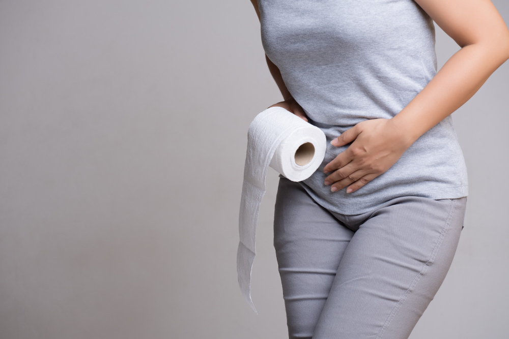Woman Holding Her Crotch Lower Abdomen Tissue Toilet Paper Roll